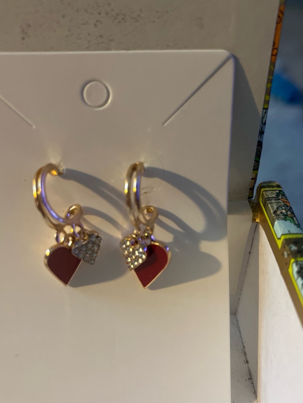 Gold Hoop Earrings with Red Enamel Heart and Crystal Accent